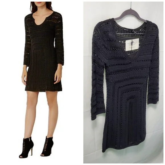 NWT! KAREN MILLEN Black Boho Style Crochet Scoop Neck Mini Dress Size XS